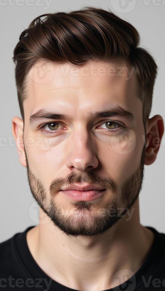 Closeup portrait of Caucasian bearded gay man wearing red lipstick with metrosexual aesthetic in a horizontal composition against an LGBTQ background photo