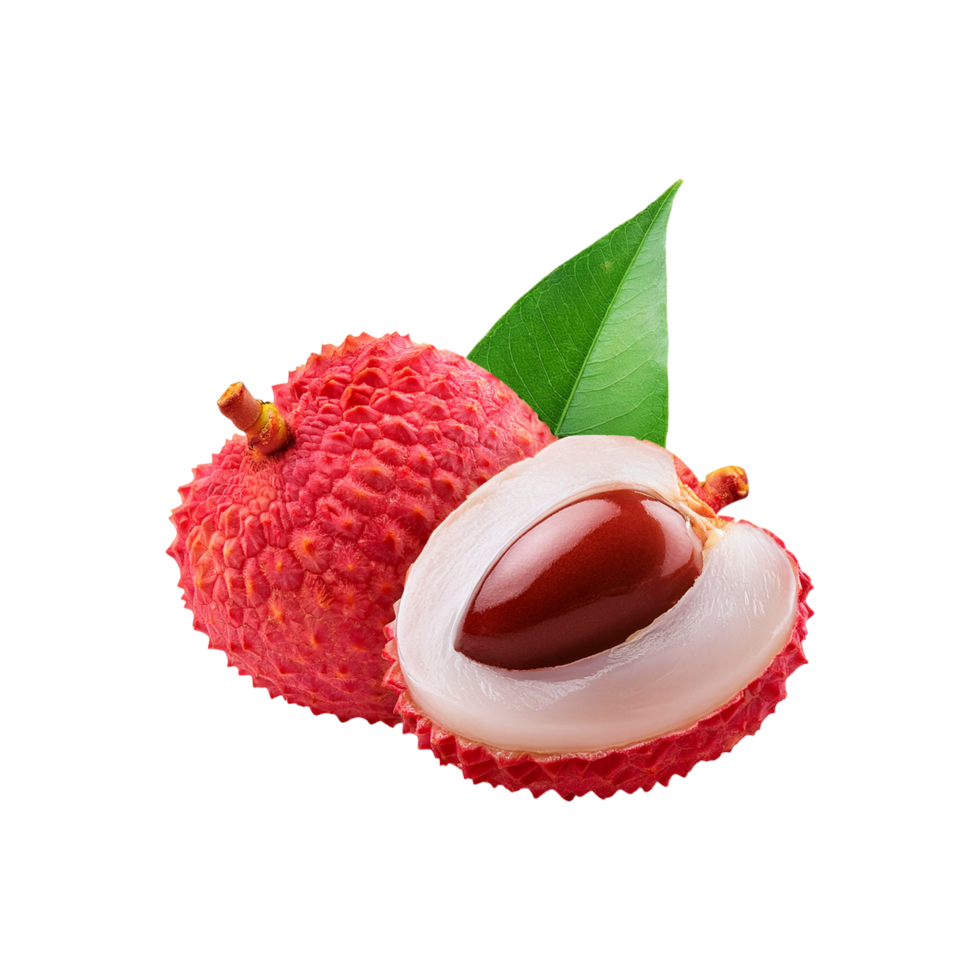 Fresh Lychee fruit with slice and leaf on transparent background png