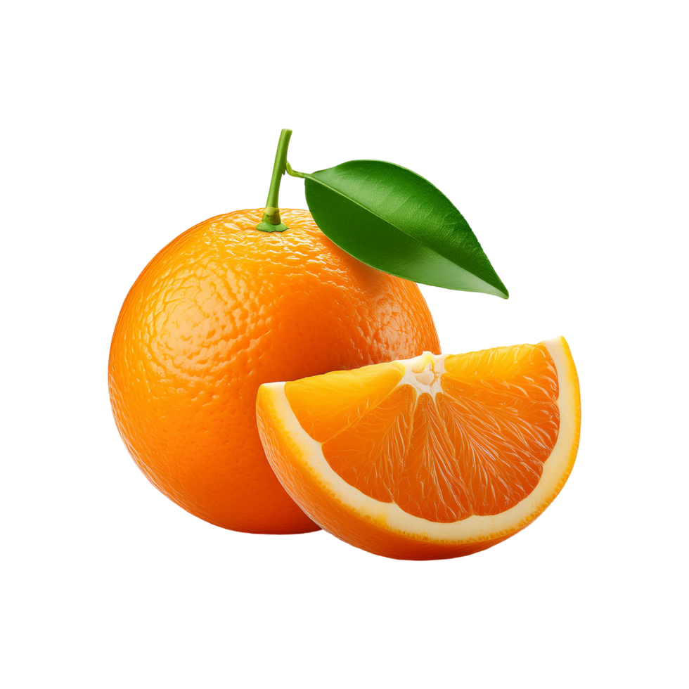 Fresh Orange fruit with slice and green leaf on transparent background png