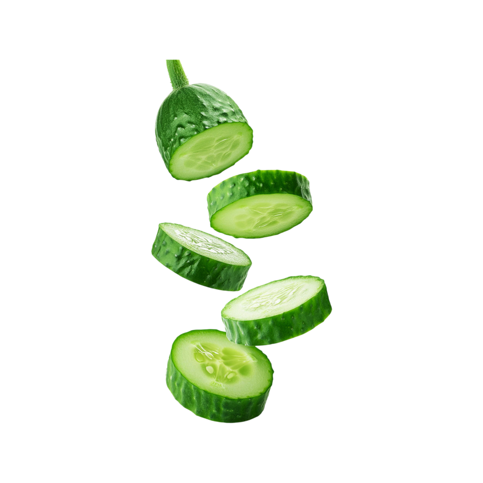 Falling cucumber slices on transparent background png