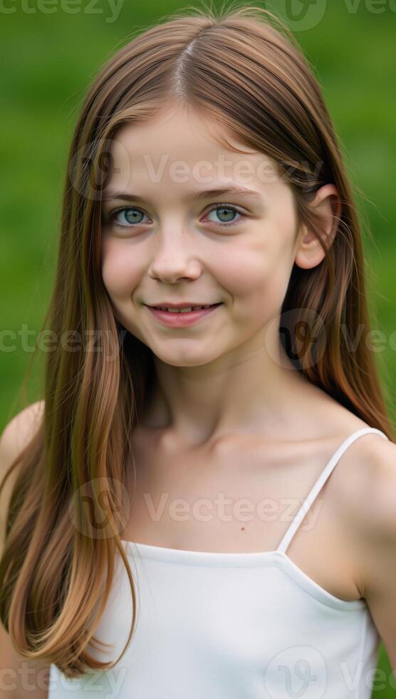 A photorealistic portrait depicting a woman with blue eyes and long hair dressed in a green bra photo