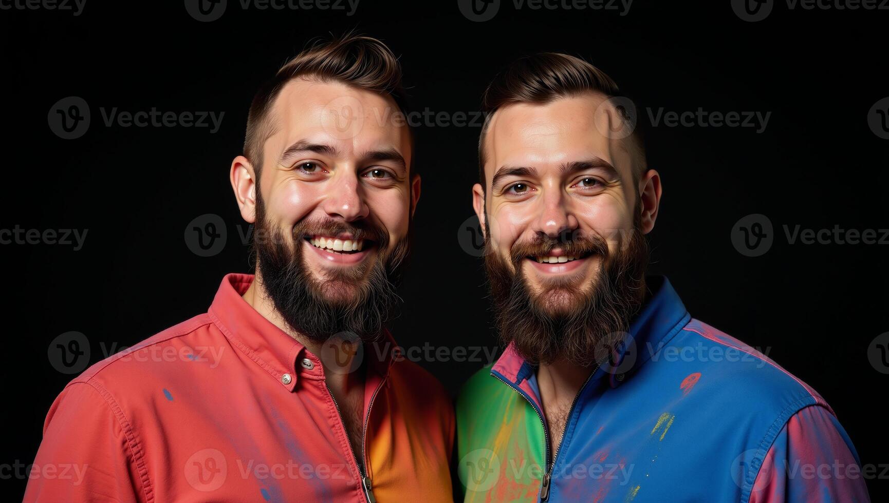 Black White portrait showcases a vibrant colorfully dressed gay couple posing playfully with paint on their faces against a stark black backdrop photo