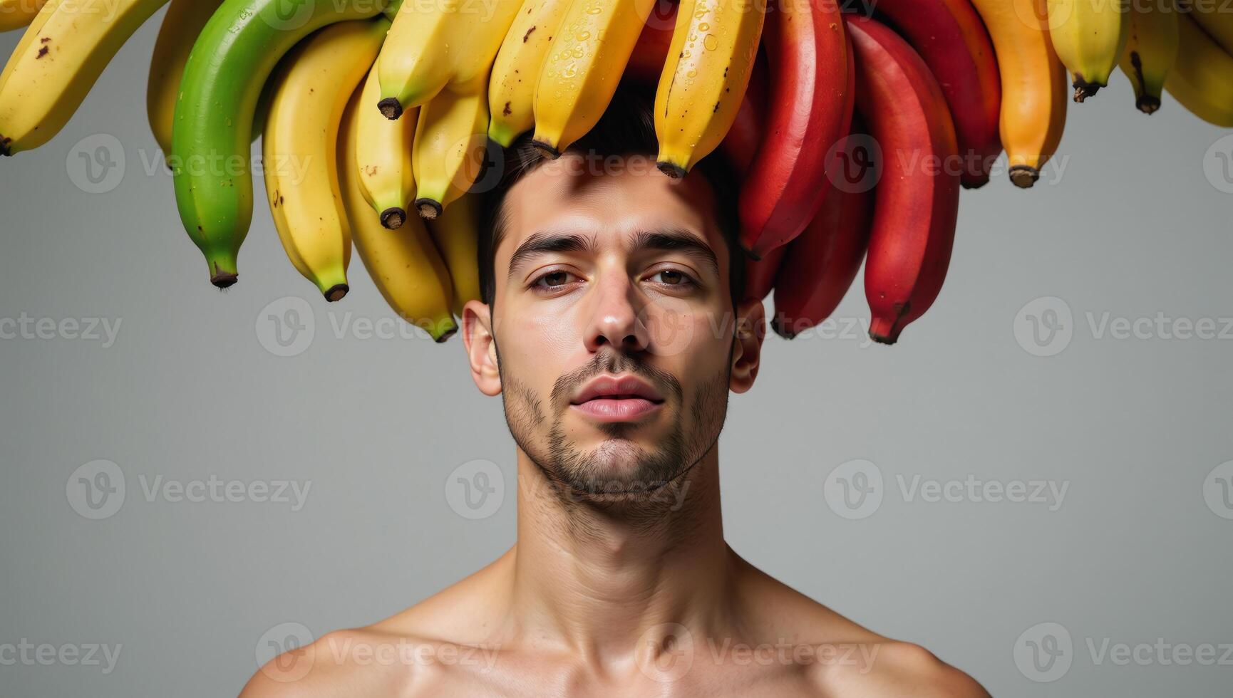 Rainbowcolored banana display showcasing a symbolic representation of gay love and pride set against a sensual mans face in the Tresome style photo