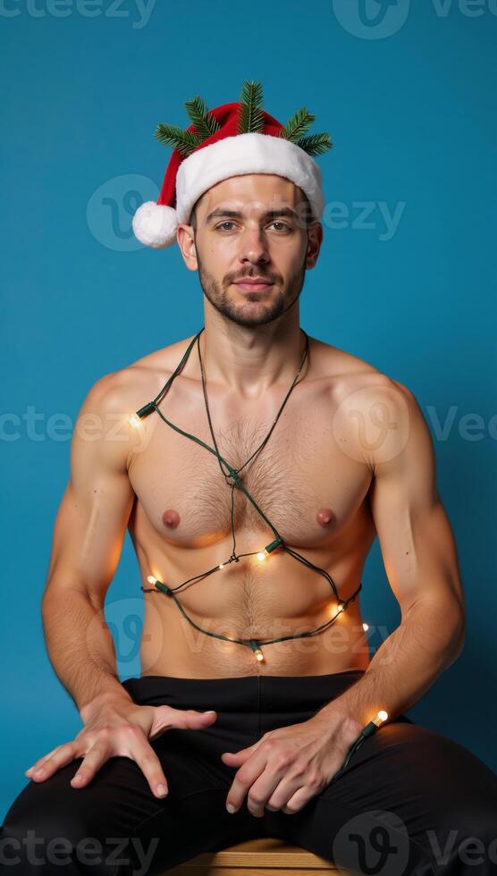 A portrait featuring a gay man seated against a blue backdrop adorned with Christmas lights and wearing a Santa Claus hat for Christmas Eve photo