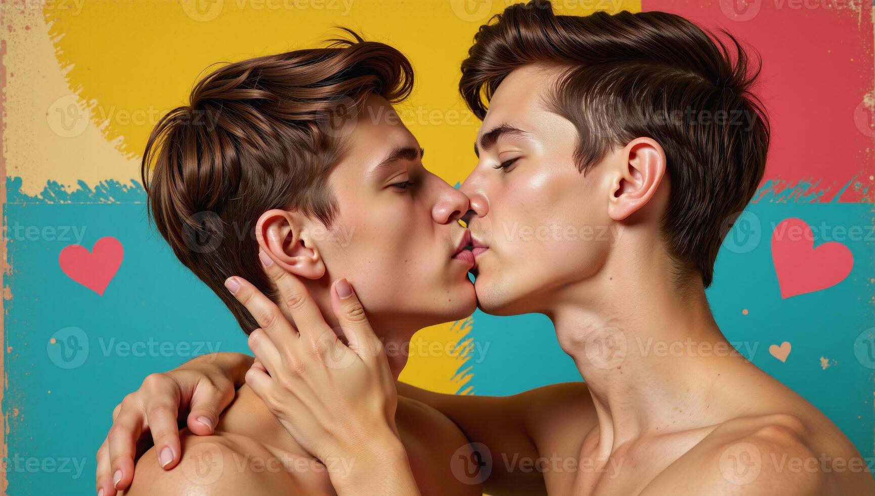 Two young men sharing a tender kiss in contemporary art collage presented creatively with popart retro flair highlighting themes of relationships love and emotions suitable for a romantic card on photo