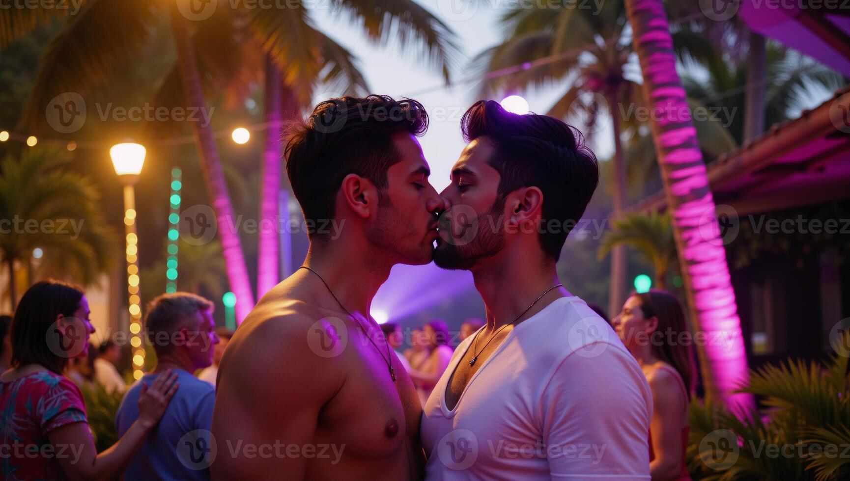 Passionate gay couple kisses under neon lights at a tropical party amidst palm trees photo