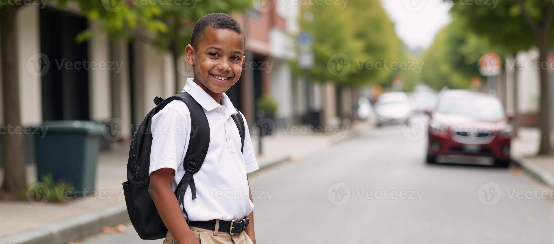 African American schoolboy smiling holding backpack happy boy portrait on urban street background created digitally Portrait of a joyful black schoolboy in a city setting photo