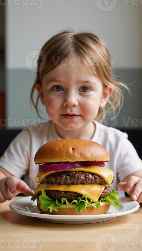Child looking curiously at an obese burger on a table photo
