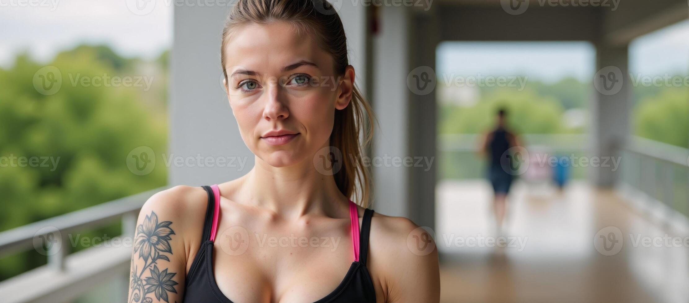 Digital illustration Closeup portrait of young woman showcasing sports bra adorned with tattoo photo
