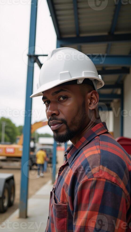 A Black African American laborer wearing a safety helmet works on a busy construction site during Labor Day photo