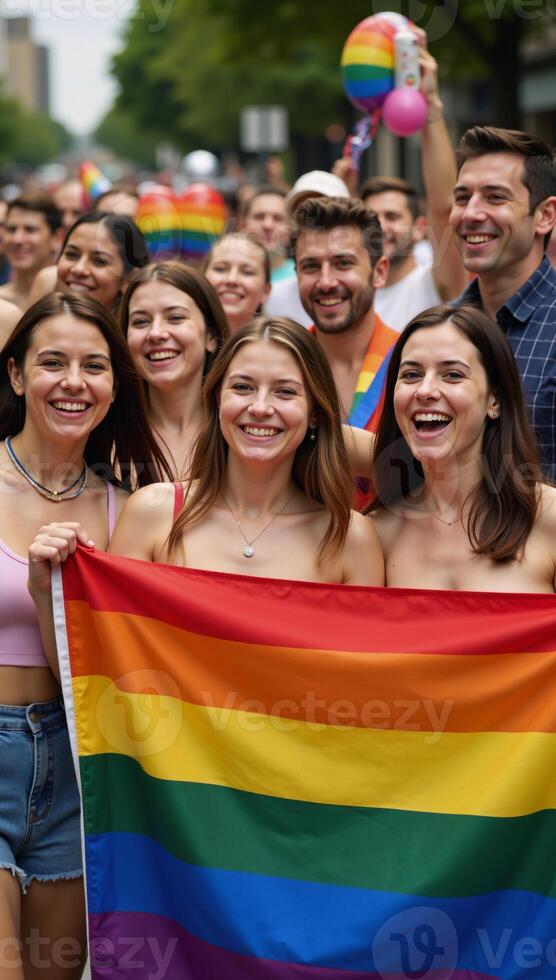 A joyful celebration featuring diverse members of the LGBTQ community waving the iconic rainbow flag during a vibrant pride parade photo