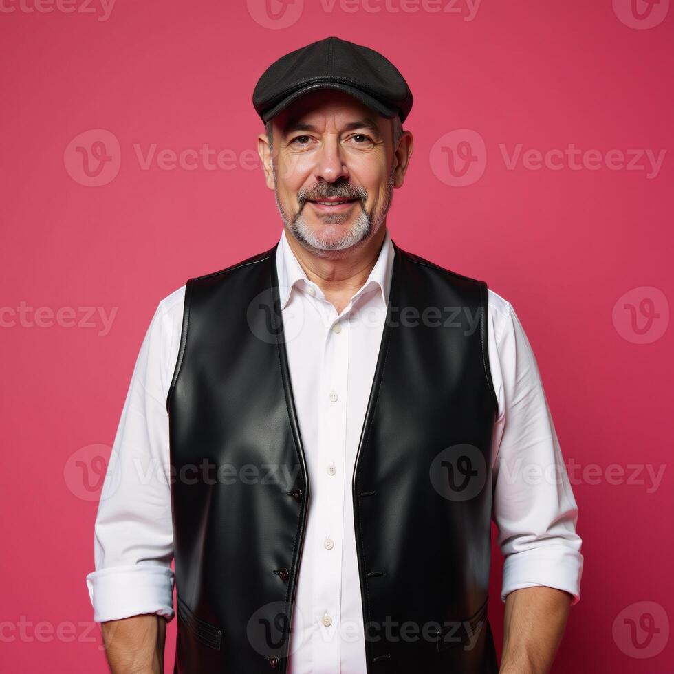 Studio portrait features strong 50year old man in leather vest beard gray hair with cap against a pink backdrop includes empty space for added text photo