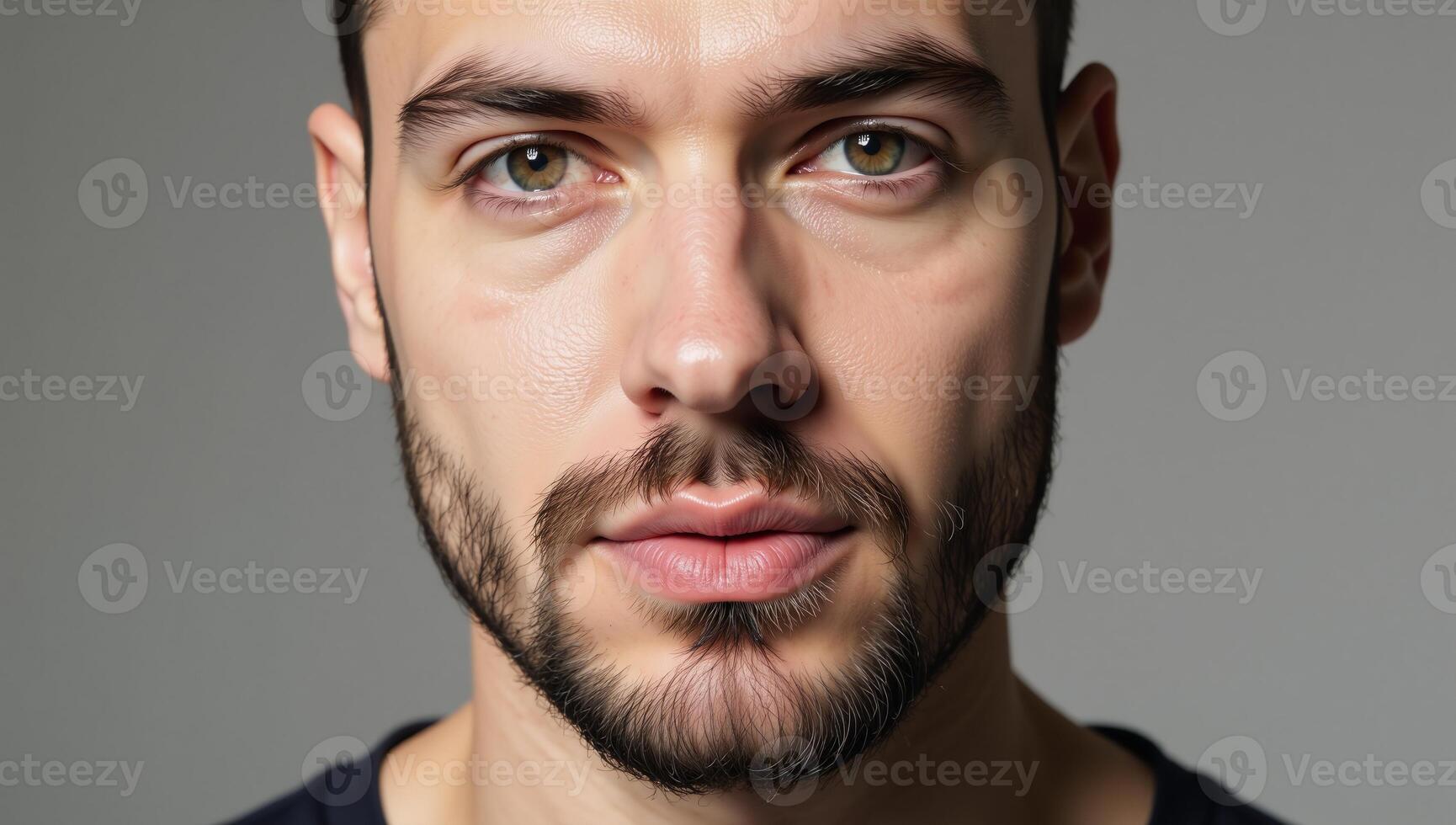 Closeup portrait of Caucasian bearded gay man wearing red lipstick with metrosexual aesthetic in a horizontal composition against an LGBTQ background photo