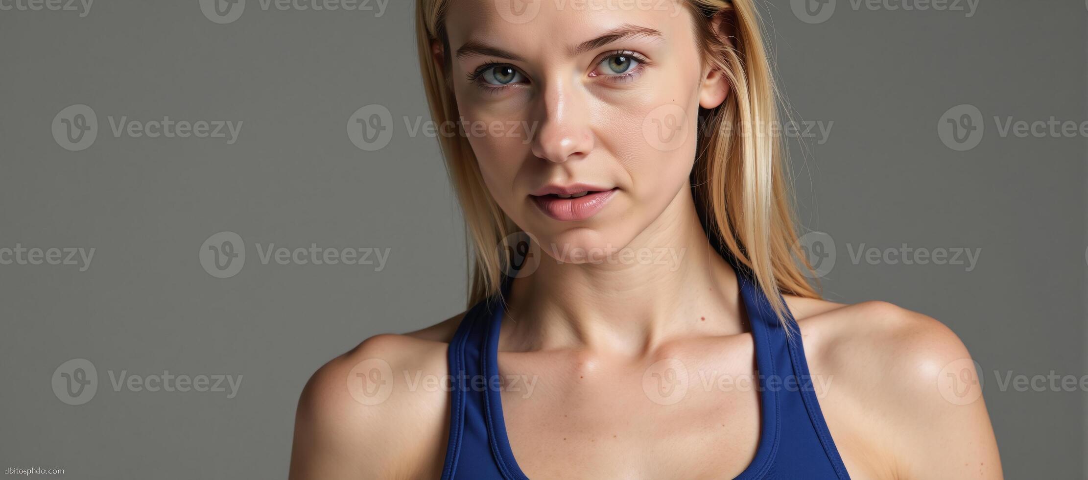 Young blondehaired model wears a blue sports bra facing the camera photo