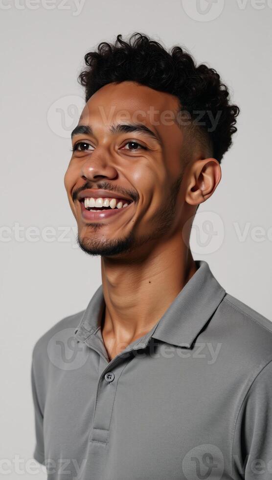 Portrait depicts an attractive dreamy gay man with curls smiling capturing modern lifes diverse concepts photo