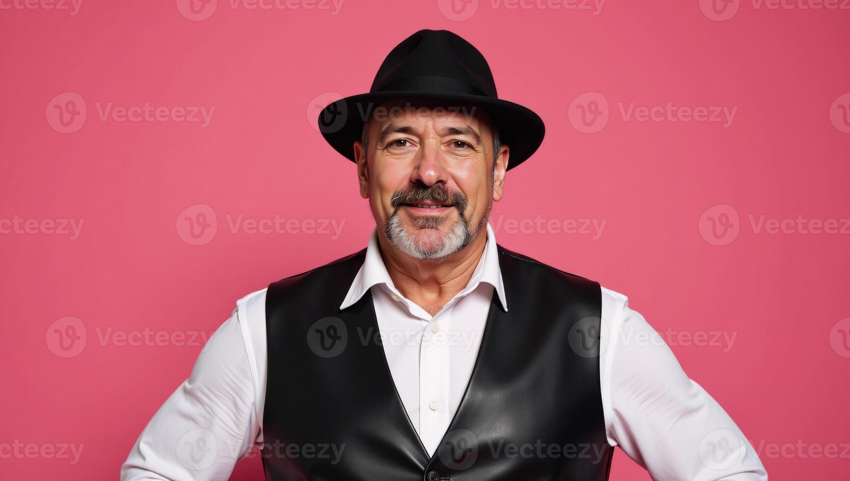 Studio portrait features strong 50year old man in leather vest beard gray hair with cap against a pink backdrop includes empty space for added text photo