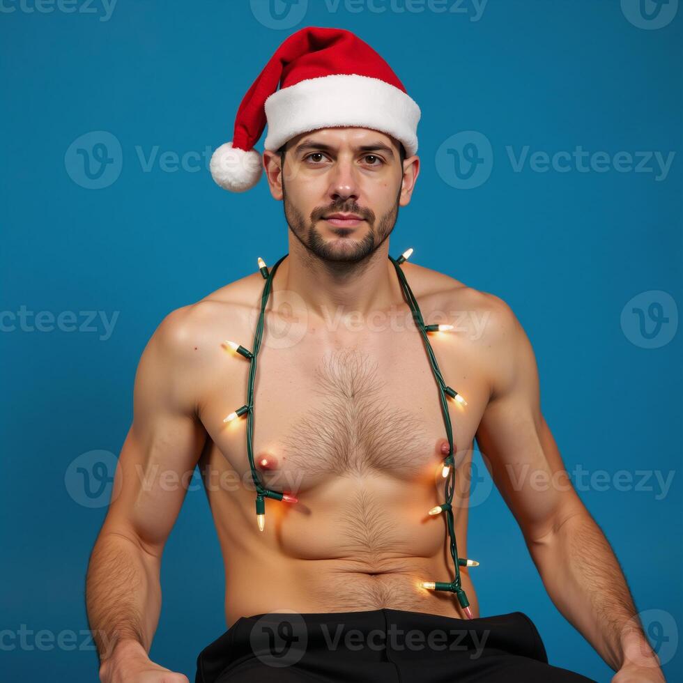 A portrait featuring a gay man seated against a blue backdrop adorned with Christmas lights and wearing a Santa Claus hat for Christmas Eve photo