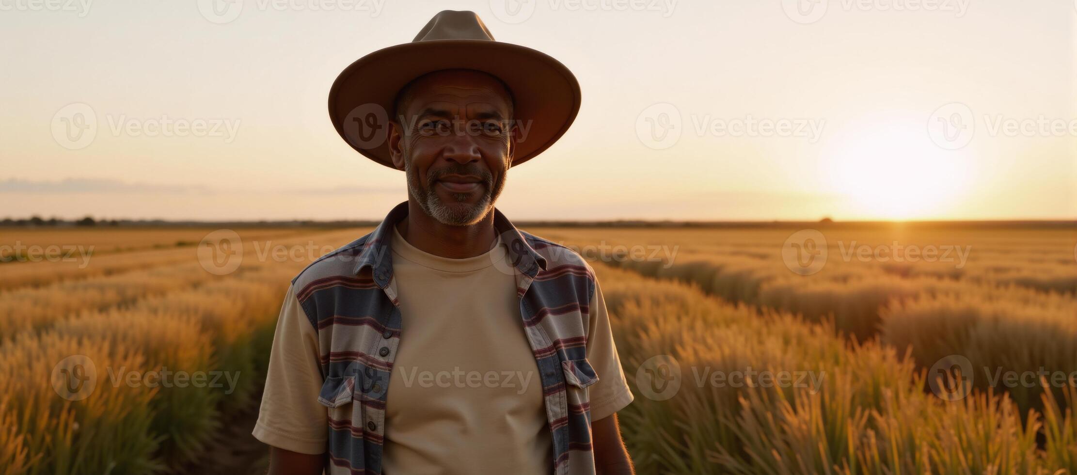 African American Farmer working amidst fields during sunset Generative photo