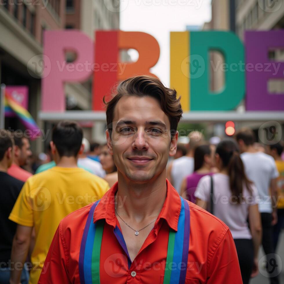 Colorful letters spell out PRIDE against a gaythemed backdrop photo