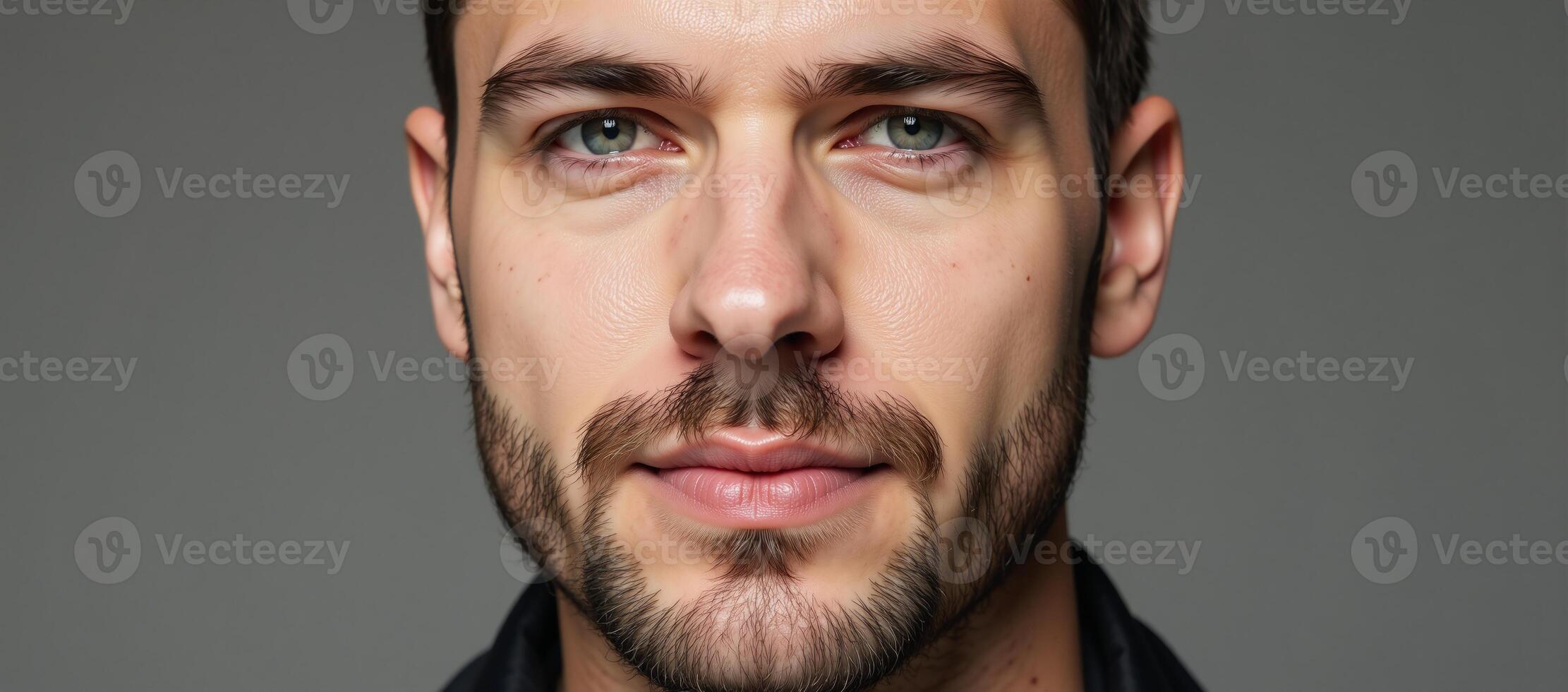 Closeup portrait of Caucasian bearded gay man wearing red lipstick with metrosexual aesthetic in a horizontal composition against an LGBTQ background photo