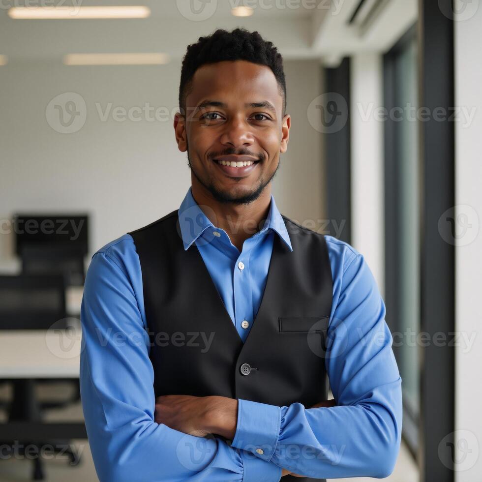 Young Black Man in Blue Shirt and Black Vest Stands in Office photo