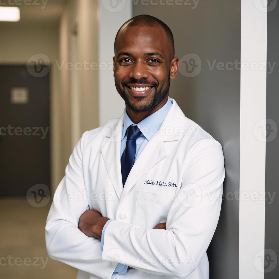 Portrait of an African American physician with a warm smile in a medical setting photo