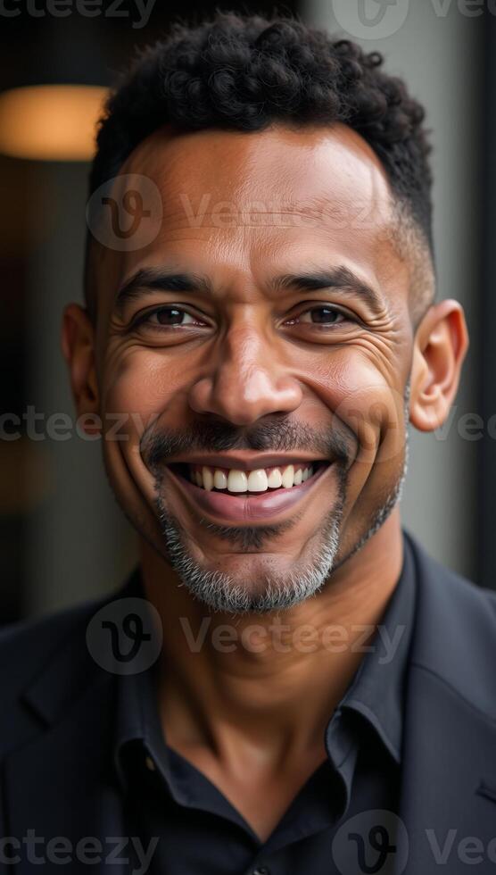 A confident AfricanAmerican man poses for an urban portrait exuding happiness and maturity as a middleaged successful business professional photo