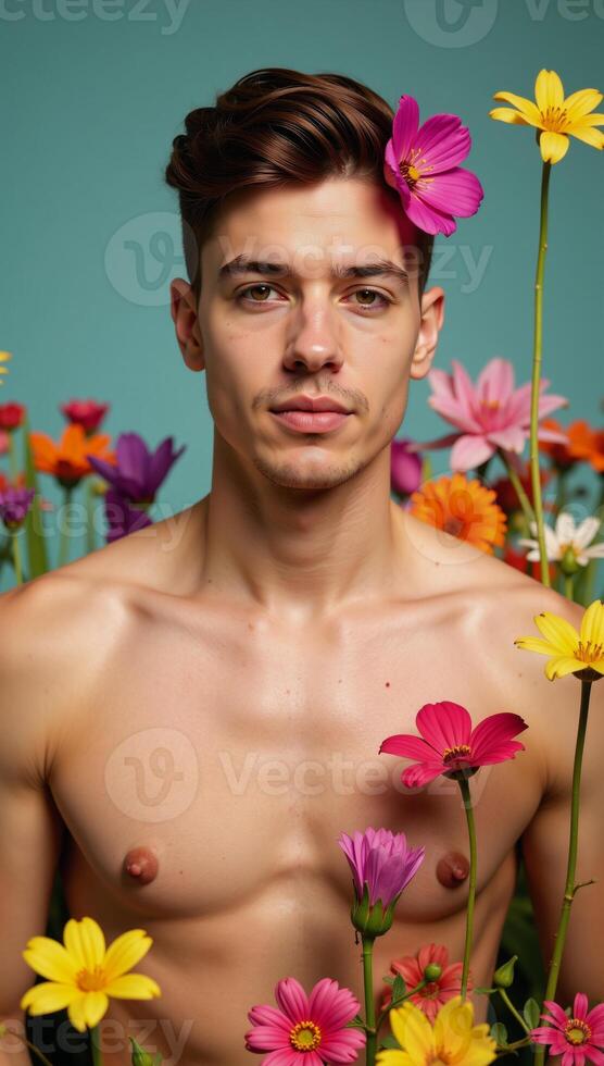 A vibrant portrait celebrates identity through an image of a young gay man with bold makeup floral hair arrangement surrounded by colorful spring blooms photo