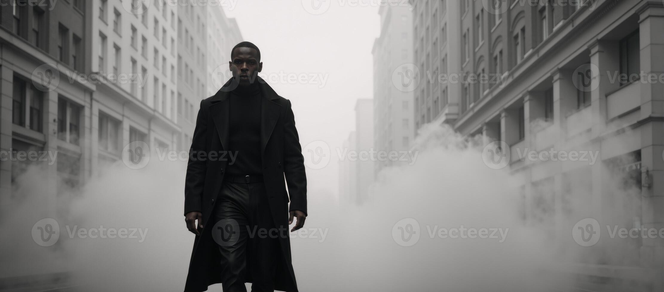 A noirstyle image features a mysterious African American man wearing a long trench coat as he walks through dense fog photo
