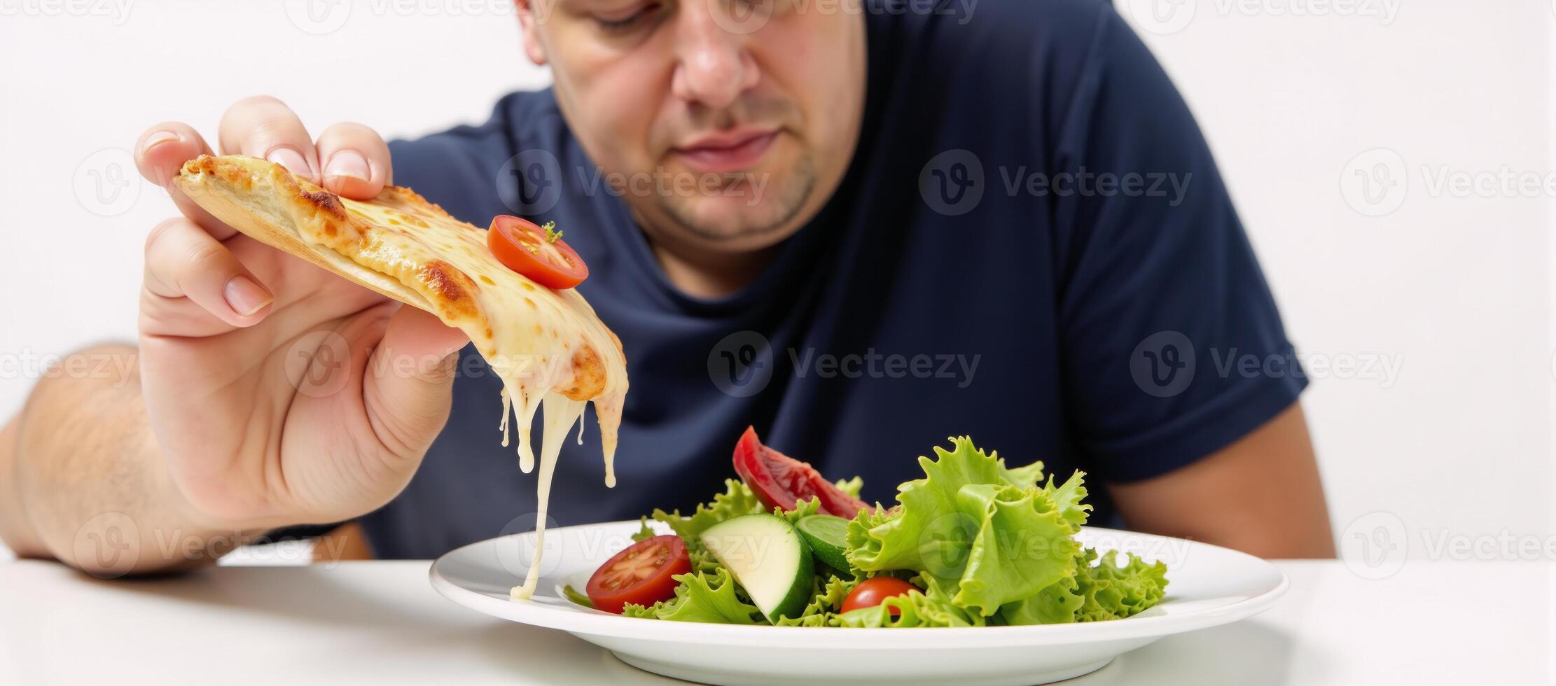 Obese man deliberating between salad pizza split screen In one short sentence I have condensed the prompt to emphasize that the scene involves an obese man contemplating a choice between healthy food photo