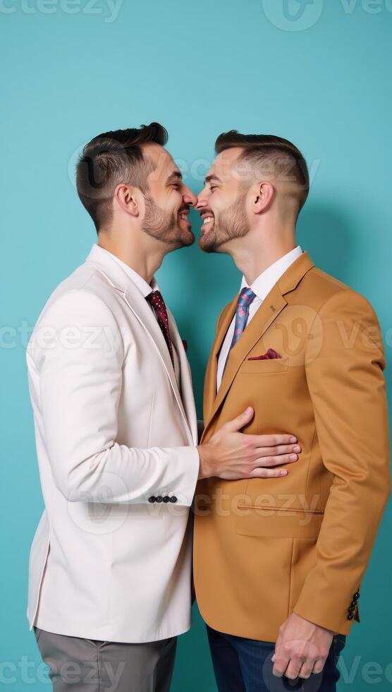 Whimsical scene showcases joyous LGBTQ couple with kiss on calm blue backdrop for romantic weddings photo