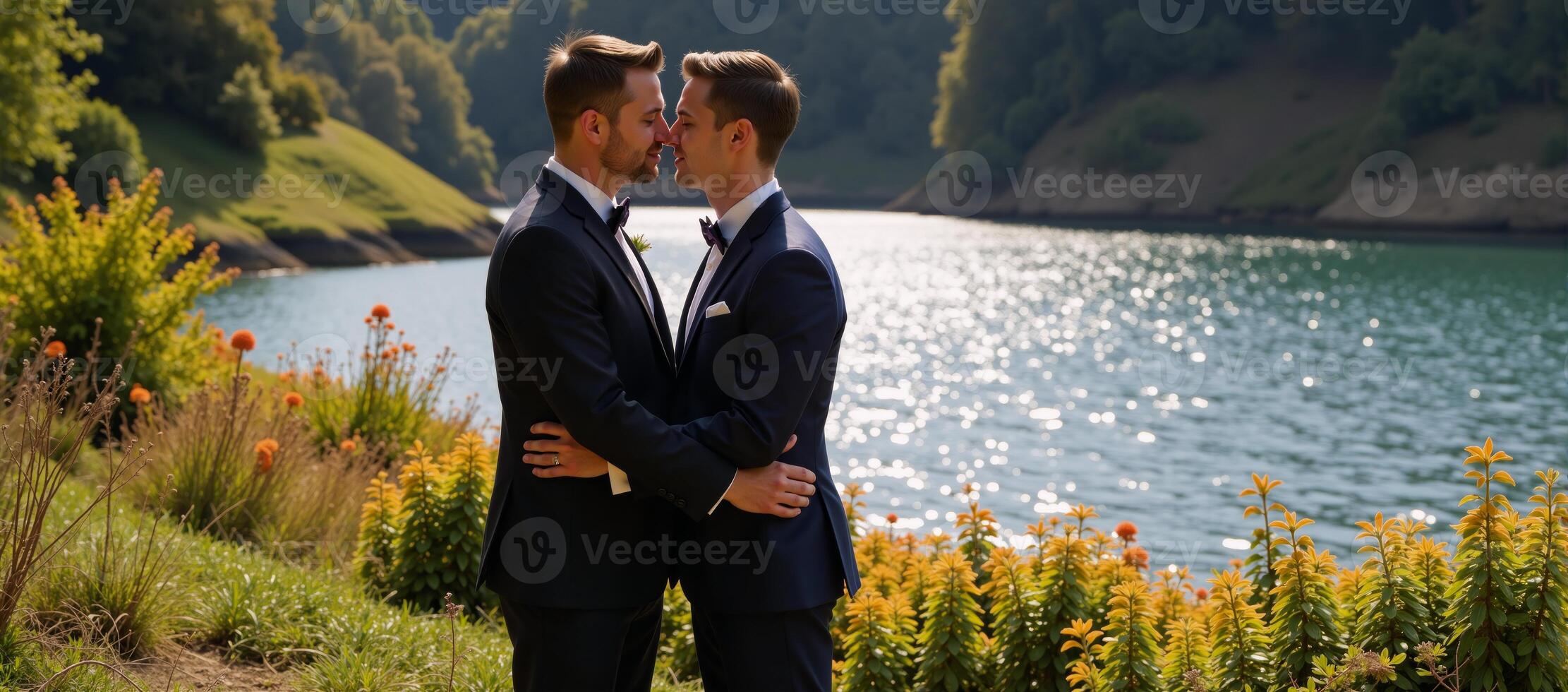 Romantic portrait featuring a kiss between two men amidst stunning landscapes photo