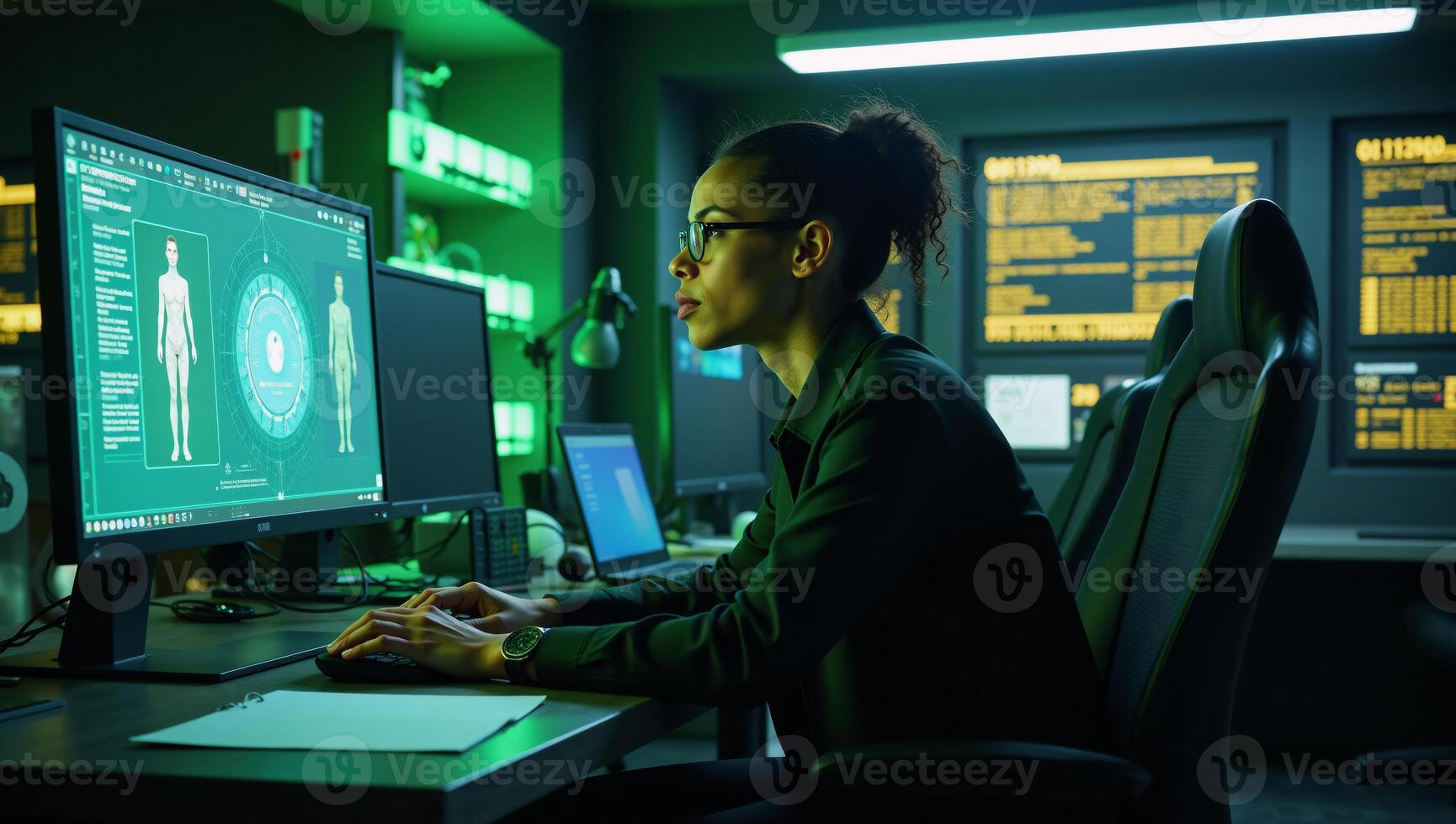AfricanAmerican Engineer Analyzes Cyber Threat Holograms within a cyberpunk environment utilizing an augmented reality interface with neon green and blue accents photo