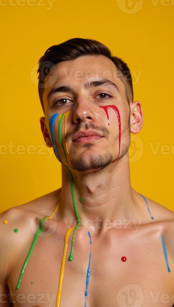 Rainbowpainted man on yellow backdrop A celebration of Pride through vibrant colors and sensual imagery evoking themes of LGBTQ empowerment and love photo