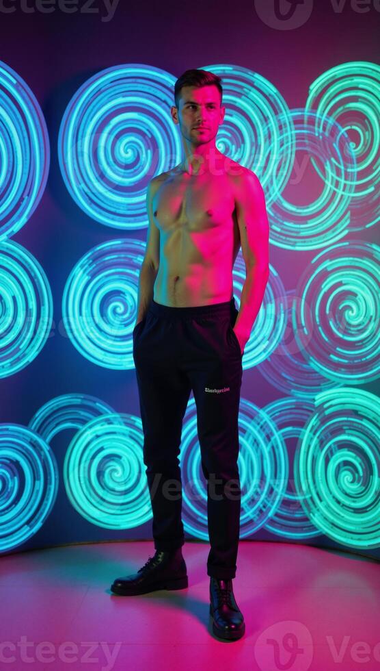 A vibrant LGBTQ pridethemed space design with an interwoven abstract rainbow backdrop featuring a colorful gradient and neon elements photo