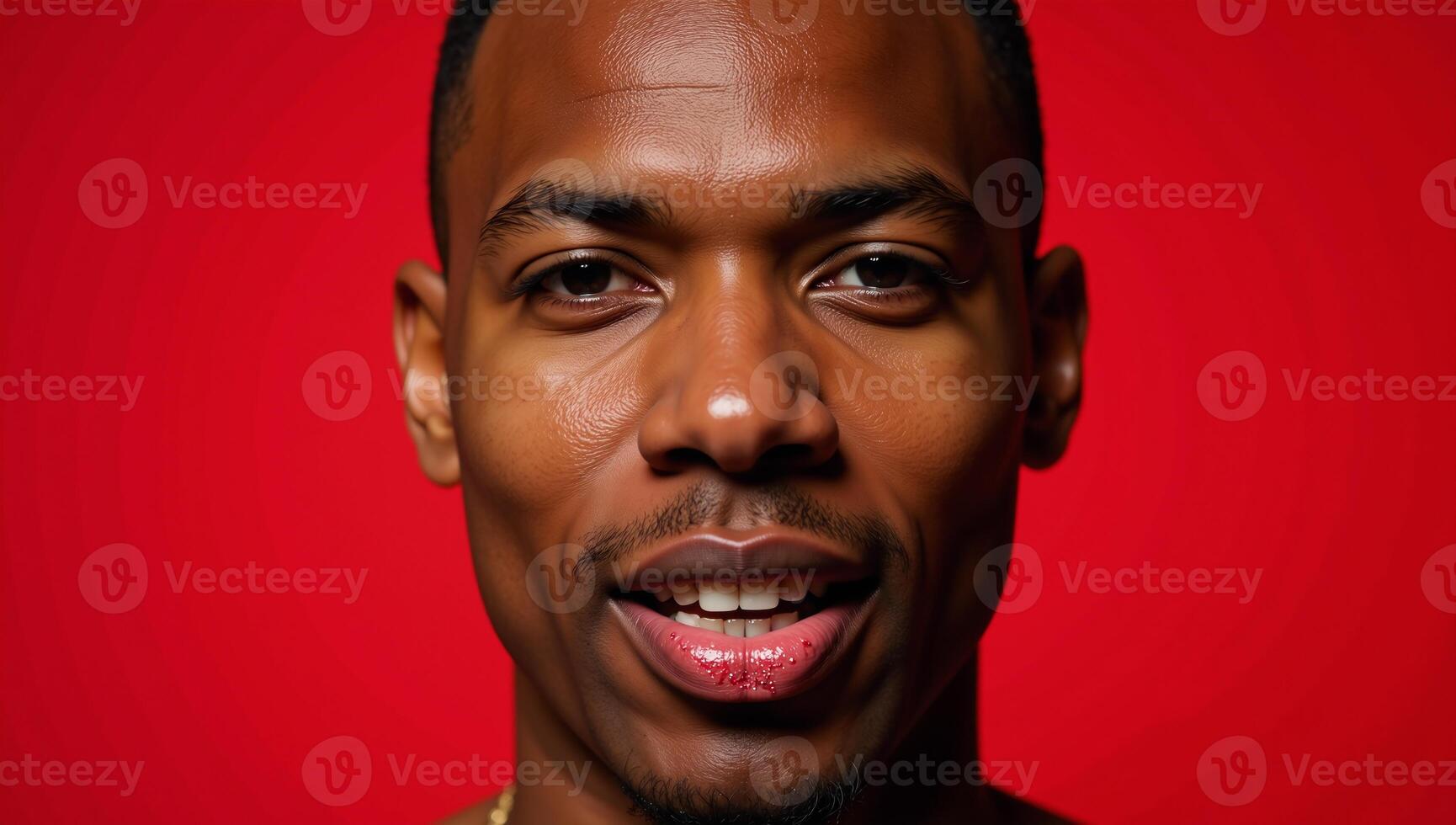 Studio portrait featuring a closeup shot of a shorthaired black man with full lips and glitter makeup against a vibrant red backdrop celebrating LGBTQ culture photo