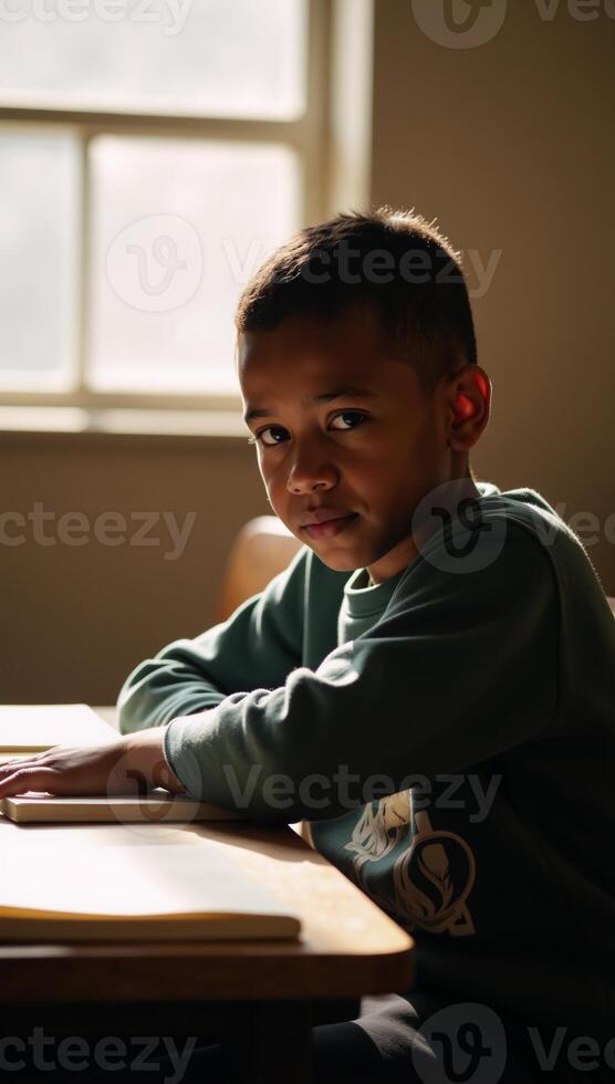 An AfricanAmerican boy with a distraught look sits in daylight casting a warm glow on his troubled expression within a school setting photo
