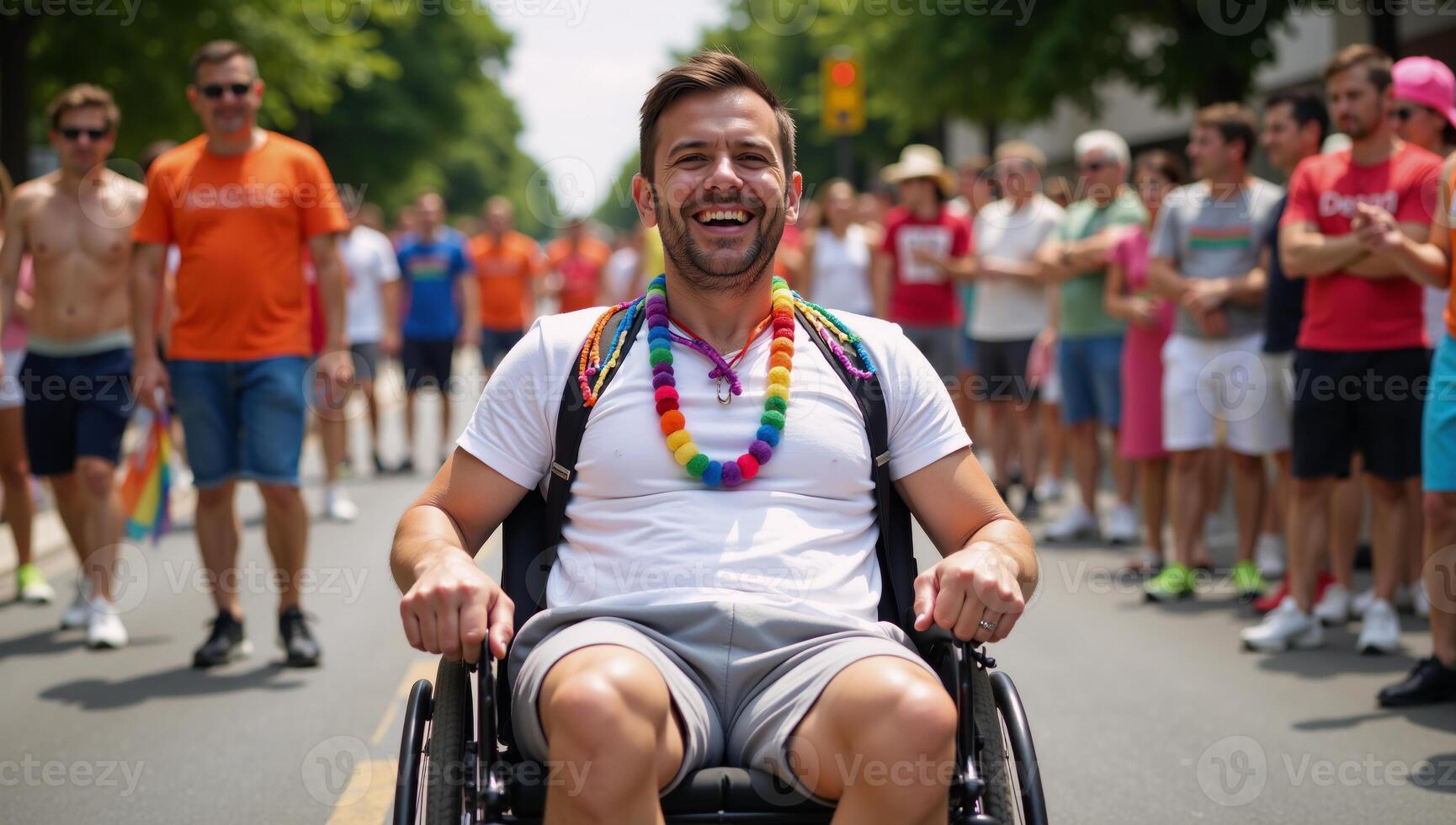 A man in a wheelchair joins the Gay Pride Parade donning a rainbow shirt amidst summer festivities and colorful decorations celebrating inclusion during Pride Month photo