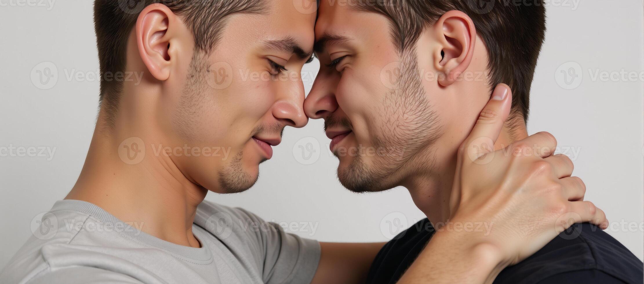Portrait illustration showcasing an artistic depiction of two men lovingly embracing each others faces photo