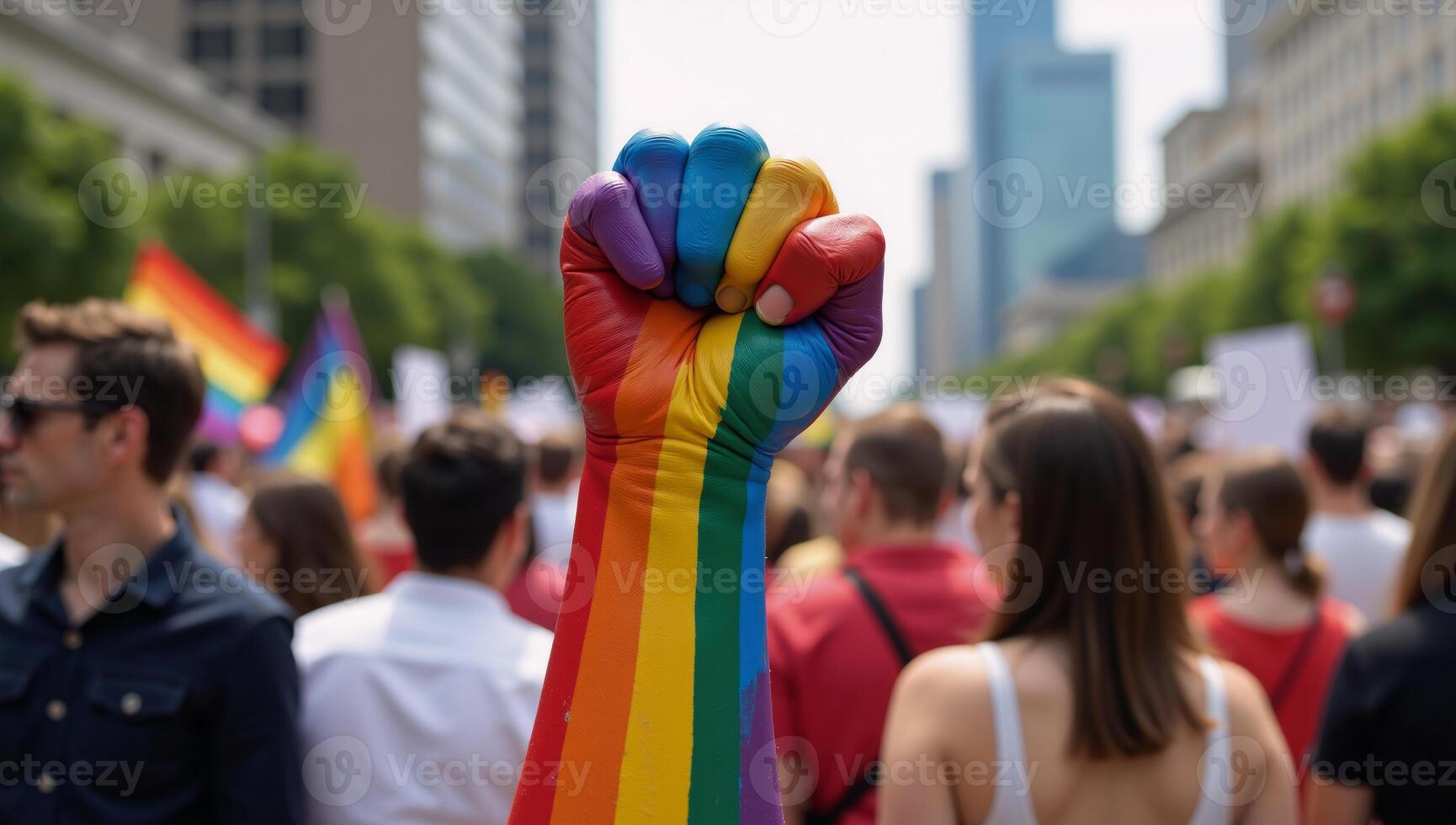 A powerful protest for LGBTQ rights depicted as an oil painting featuring a raised fist with a rainbowcolored Pride flag background and symbols of human diversity unity and female empowerment photo