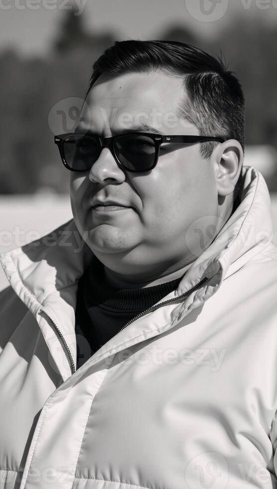 A large man dressed casually with a winter coat and sunglasses photo