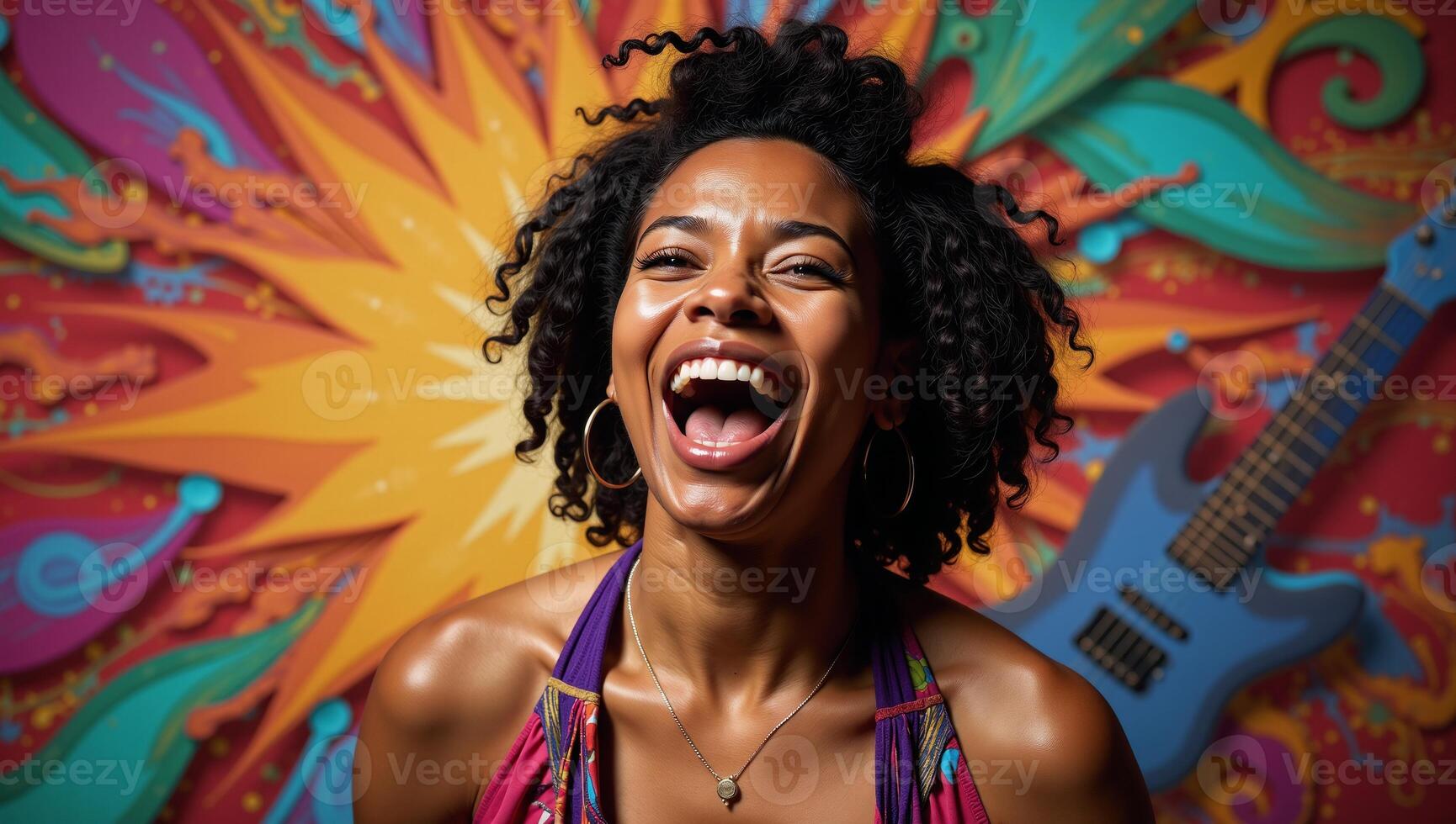 Digital painting of an AfricanAmerican woman powerfully and inspiringly singing against a vibrant abstract backdrop of music photo