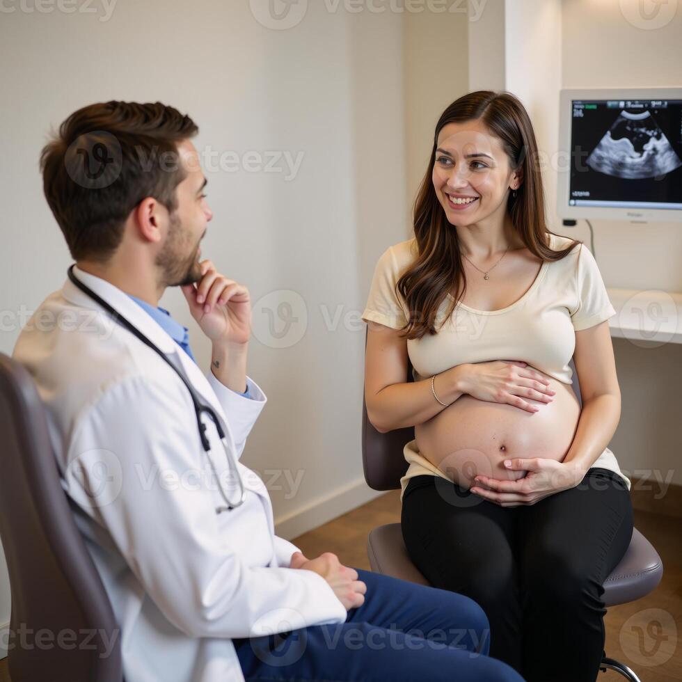Pregnant woman meets with physician for consultation at comfortable clinic to discuss prenatal care and support photo
