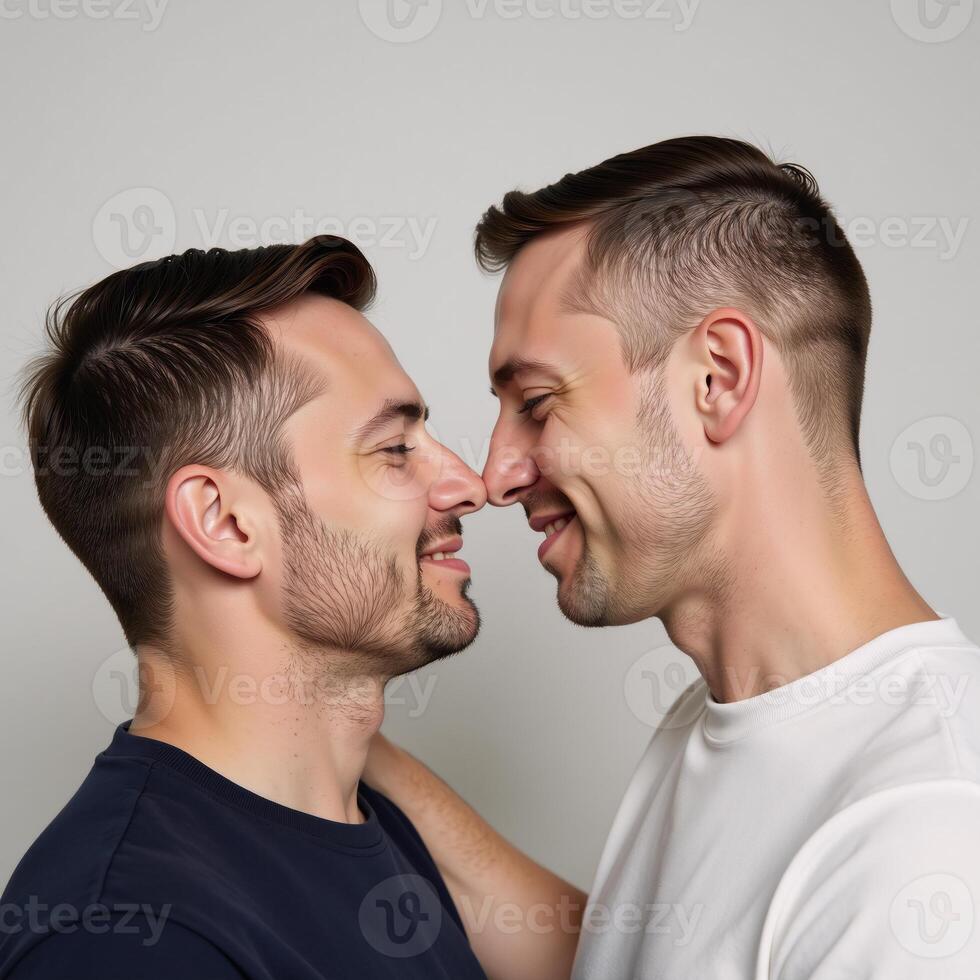 Portrait illustration showcasing an artistic depiction of two men lovingly embracing each others faces photo