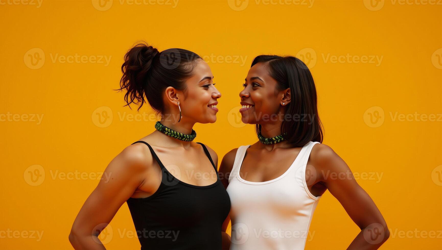 Two young fashionable AfricanAmerican women stand lovingly side by side adorned with floral headpieces their gazes averted against an orange backdrop photo