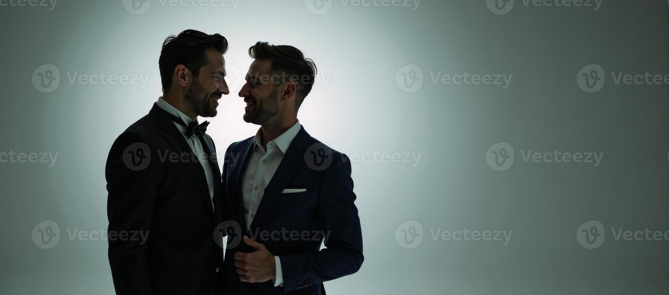Exquisite studio portrait of gay couple using cinematic lighting against simple background photo