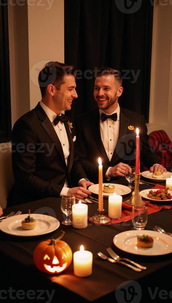 Gay couple hosts spooky Halloween dinner party with decorative setup festive food drinks flickering lights pumpkins photo