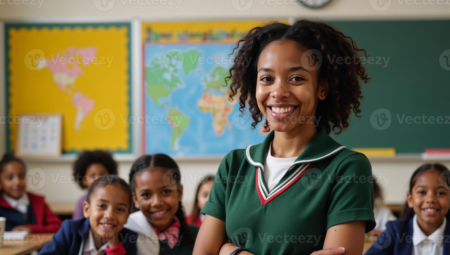 A confident smiling AfricanAmerican girl stands before an engaged classroom of diverse learners photo