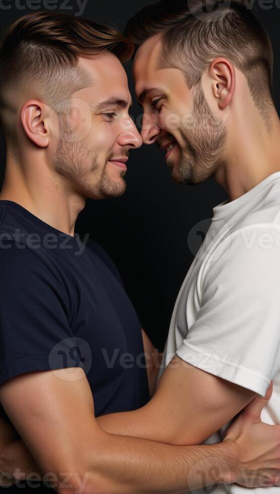 Portrait illustration showcasing an artistic depiction of two men lovingly embracing each others faces photo