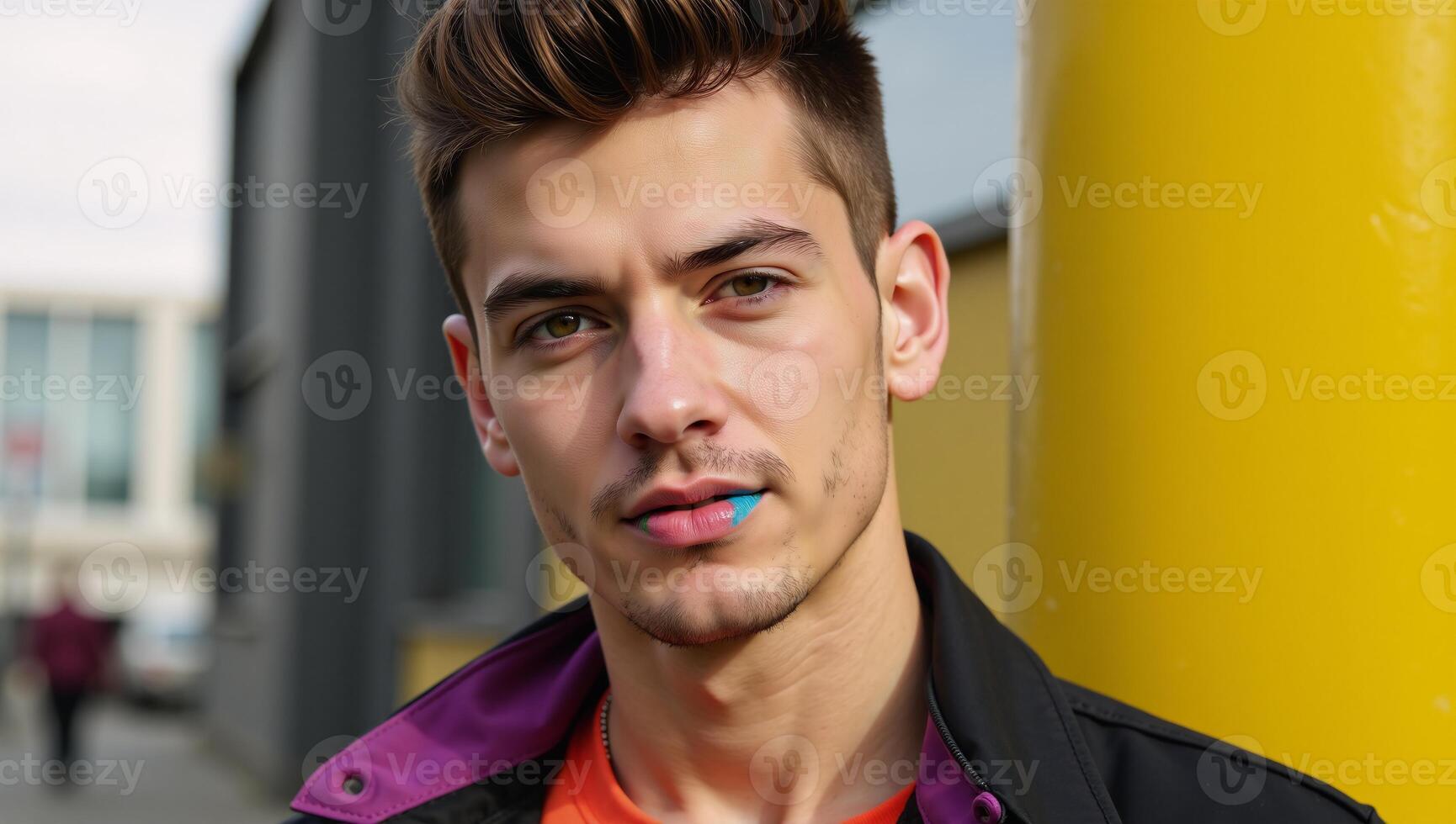 A young LGBTQthemed fashion portrait featuring a stylish makeupclad gay male model wearing bright rainbow lipstick on his painted lips photo